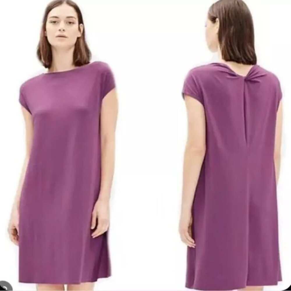 EILEEN FISHER Viscose Jersey Casual Shift Dress Bateau Neck Currant Twist Back